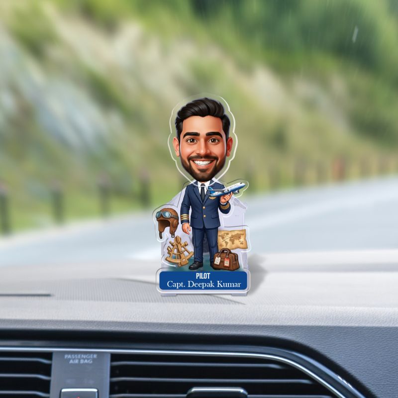 Personalized Pilot Bobblehead Caricature Standee Pilot Theme Desk Decor and Car Dashboard Accessory Battery Powered Moving Head Gift for Travelers, Pilots Airplane Lovers